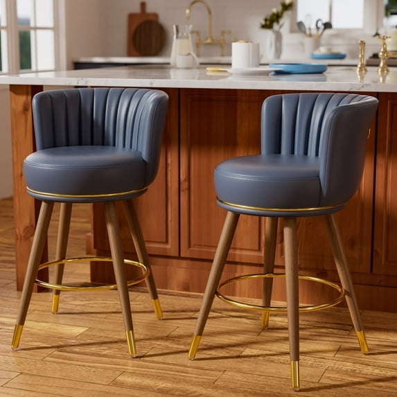 Ninecer Counter Height Bar Stools Set of 2, 26 Inch Swivel PU Leather Bar Chairs with Back and Footrest, Round Low Back Barstools for Kitchen Island Dining Room, Blue