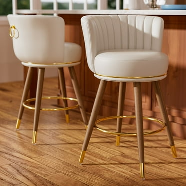 Ninecer Counter Height Bar Stools Set of 2, 24" Swivel Round Seat Bar Chairs with Low Back, PU Leather Modern Counter Stools with Footrest for Kitchen Island, Dining Room or Home Bar, White