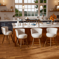 Ninecer 26" Bar Stools, Swivel Counter Height Barstools with Curved Back Leather Pub Bar Chairs, White (Set of 4)
