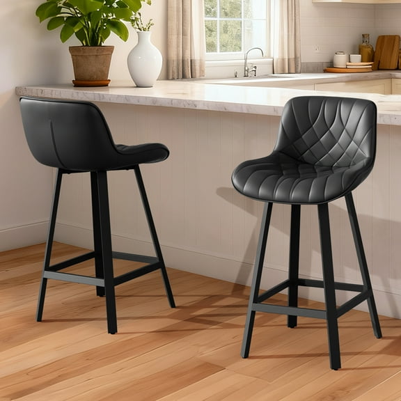 Ninecer 26" Counter Height Bar Stools, PU Leather Upholstered Bar Chairs with Low Back & Metal Legs, Modern Kitchen Island Counter Chairs for Dining Room, Set of 2, 400LBS, Black