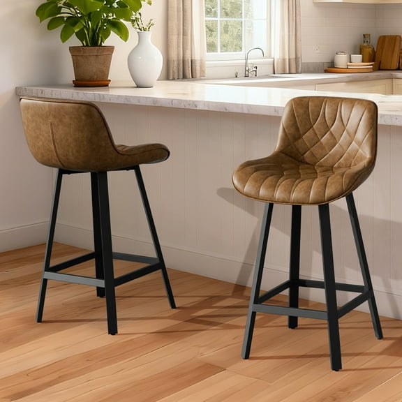 Ninecer 26" Counter Height Bar Stools, PU Leather Upholstered Bar Chairs with Low Back & Metal Legs, Modern Kitchen Island Counter Chairs for Dining Room, Set of 2, 400LBS, Brown