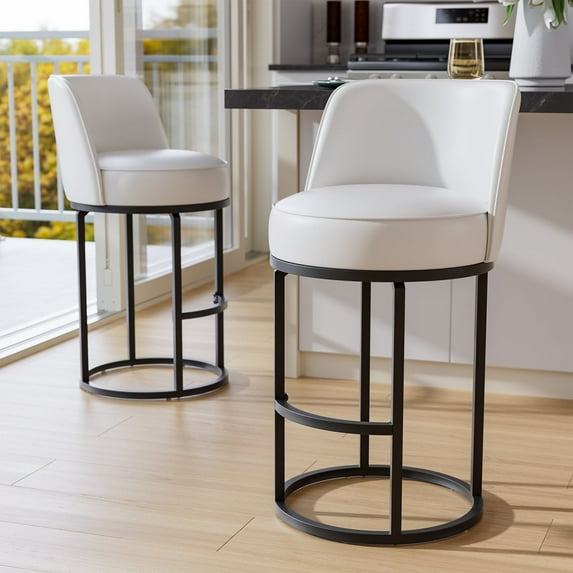 Ninecer 26" Counter Height Bar Stools Set of 2, 360 Swivel Upholstered Bar Chairs with Mid Back, Round Seat, Metal Base, Kitchen Island Counter Stools, Beige