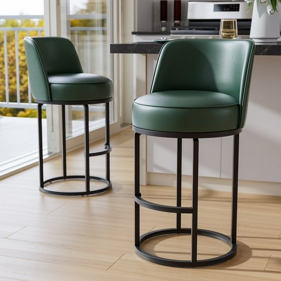 Ninecer 26" Counter Height Bar Stools Set of 2, 360 Swivel Upholstered Bar Chairs with Mid Back, Round Seat, Metal Base, Kitchen Island Counter Stools, Green