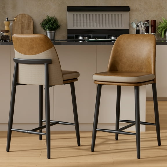 Ninecer 26" Counter Height Bar Stools Set of 2, Upholstered Bar Stools with Back,Leather & Fabric Cushions, Metal Legs, Comfortable Kitchen Island Counter Chairs for Dining Room & Home Bar, Brown