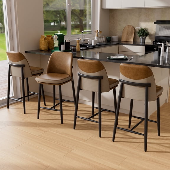Ninecer 26" Counter Height Bar Stools Set of 4, Upholstered Bar Stools with Back,Leather & Fabric Cushions, Metal Legs, Comfortable Kitchen Island Counter Chairs for Dining Room & Home Bar, Brown
