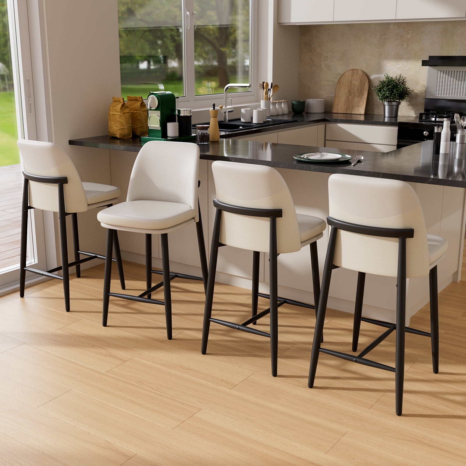 Ninecer 26" Counter Height Bar Stools Set of 4, Upholstered Bar Stools with Back,Leather & Fabric Cushions, Metal Legs, Comfortable Kitchen Island Counter Chairs for Dining Room & Home Bar, White