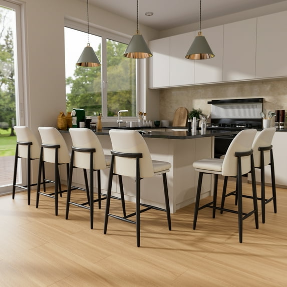 Ninecer 26" Counter Height Bar Stools Set of 6, Upholstered Bar Stools with Back,Leather & Fabric Cushions, Metal Legs, Comfortable Kitchen Island Counter Chairs for Dining Room & Home Bar, White
