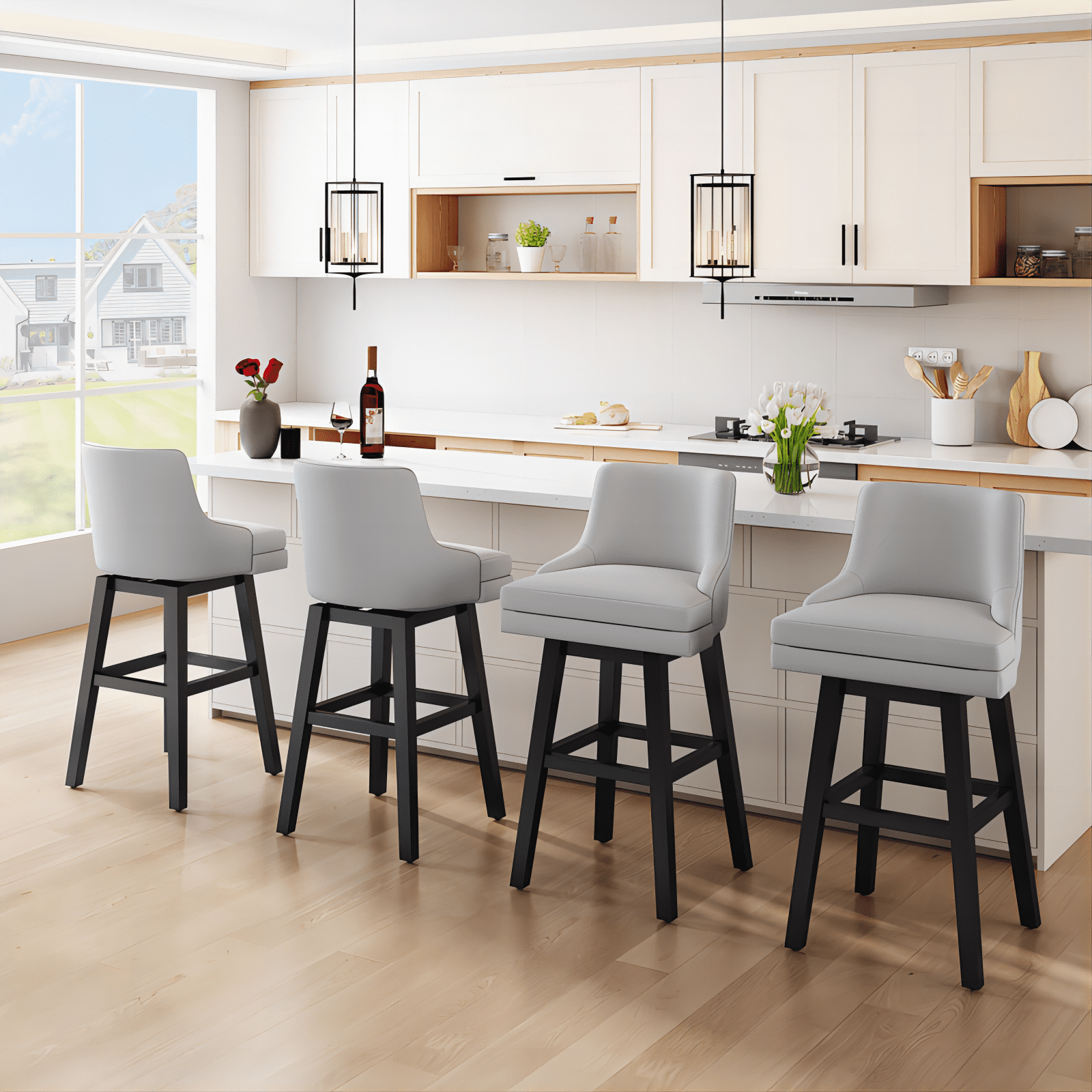 Ninecer 26" Counter Height Bar Stools, Swivel Bar Stools with Back, Modern Bar Chairs, Barstools with Footrest, White (Set of 4)
