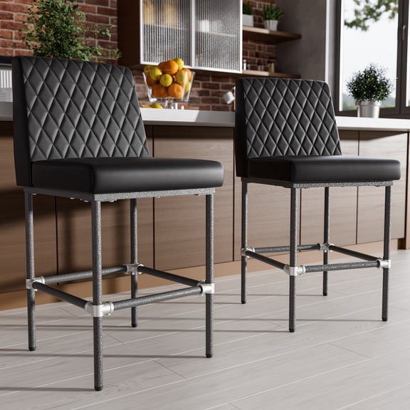Ninecer 26 Inch Counter Height Bar Stools Set of 2,Industrial Low Back Leather Bar Stools For Home Kitchen Island,Square Seat Bar Chair with Metal Leg 350lbs, Black