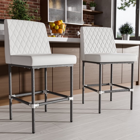Ninecer 26 Inch Counter Height Bar Stools Set of 2,Industrial Low Back Leather Bar Stools For Home Kitchen Island,Square Seat Bar Chair with Metal Leg 350lbs, White
