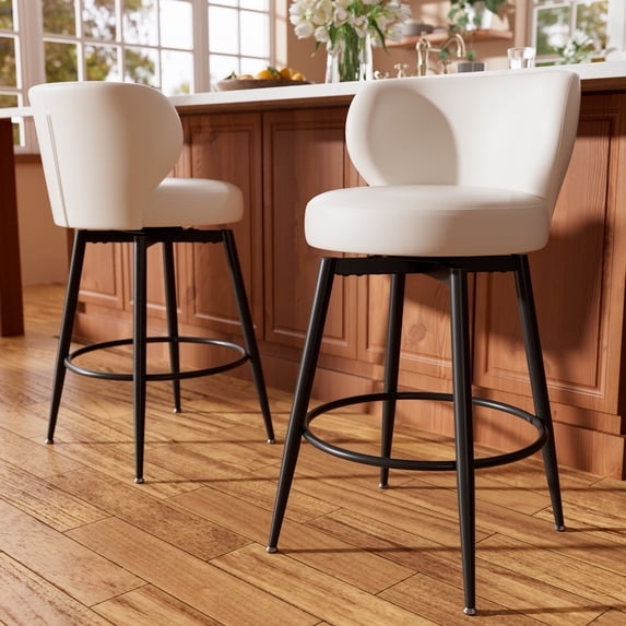 Ninecer 26" White Bar Stools Set of 2, Leather Counter Height Bar Stools for Kitchen Island, Winged Backrest & 330lbs Round Swivel Seat