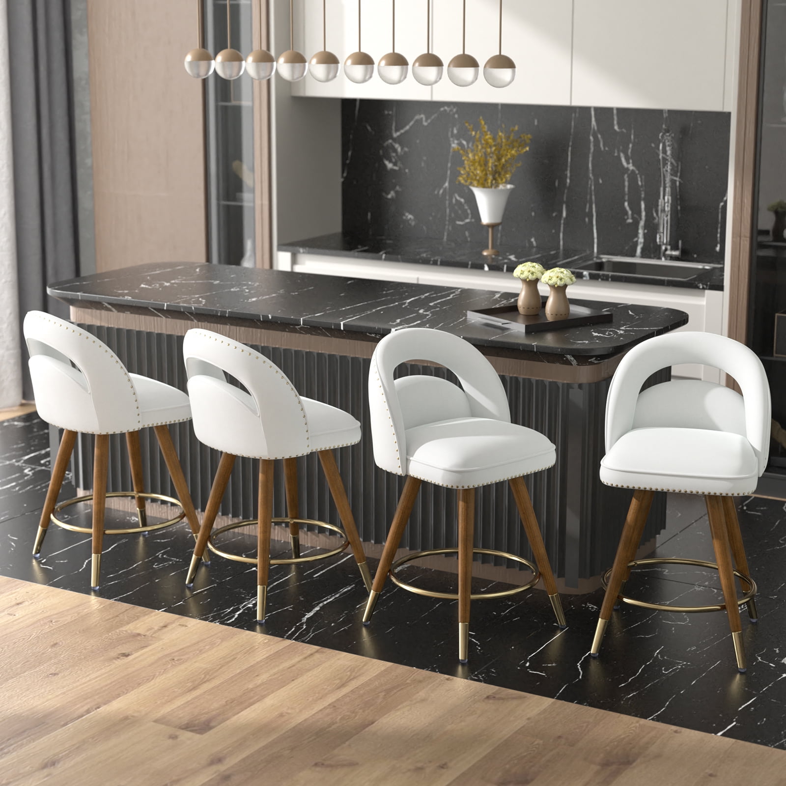Ninecer 24" Counter Height Swivel Bar Stool Set of 4, Cream Velvet Upholstered Bar Stool with Back, Gold-Tipped Wood Legs, Thick Cushion Seat and Footrest, Modern Stool for Home Kitchen Island