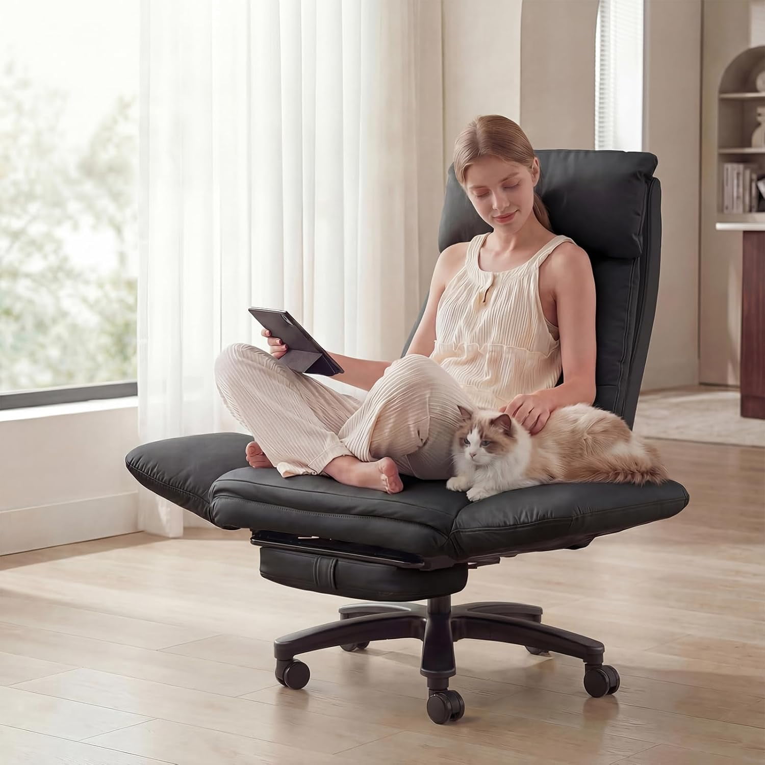 Ninecer Cross Legged Office Chair with Wide Seat, Plus Size Criss Cross Desk Chair, Black Leather Big and Tall Office Chair 500 LBSwith Foot Rest, Reversible Armrests & Wide Seat