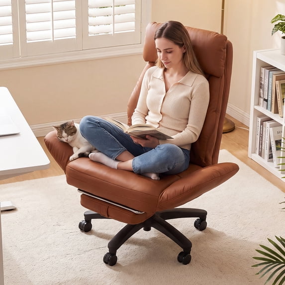 Ninecer Cross Legged Office Chair with Wide Seat, Plus Size Criss Cross Desk Chair, Brown Leather 500LBS Big and Tall Office Chair with Foot Rest, Reversible Armrests & Wide Seat