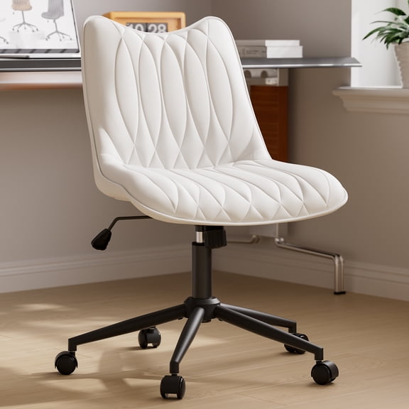Ninecer Armless PU Leather Office Chair with Adjustable Height, Ergonomic Swivel Desk Task Chair with Tilt Function, Modern Computer Chair on Wheels for Home Office, White