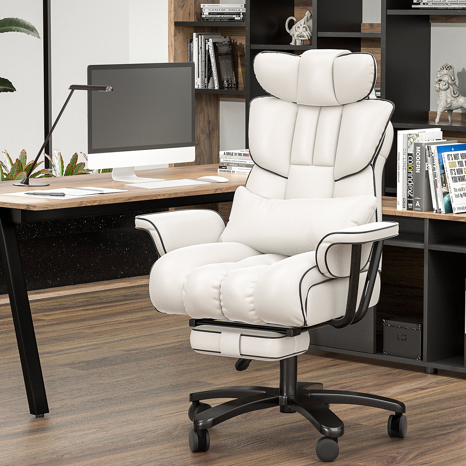 Ninecer Big and Tall Executive Office Chair Ergonomic PU Leather Office Chair Reclining Office Chair with Footrest Heavy Duty Desk Chair White