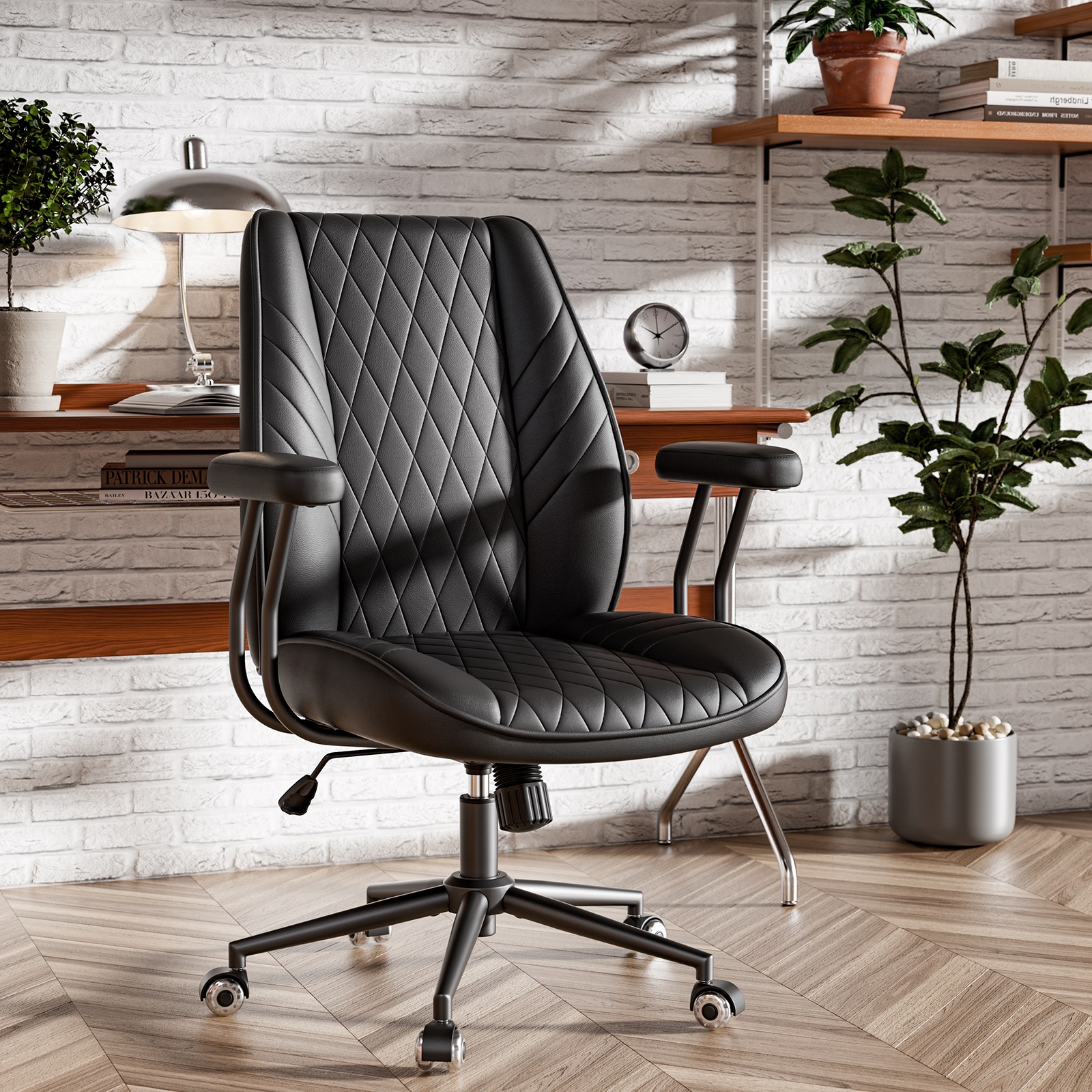 Ninecer Black Leather Office Chair with Wheels Adjustable Height Padded Arms Retro Executive Desk Chair for Home Office