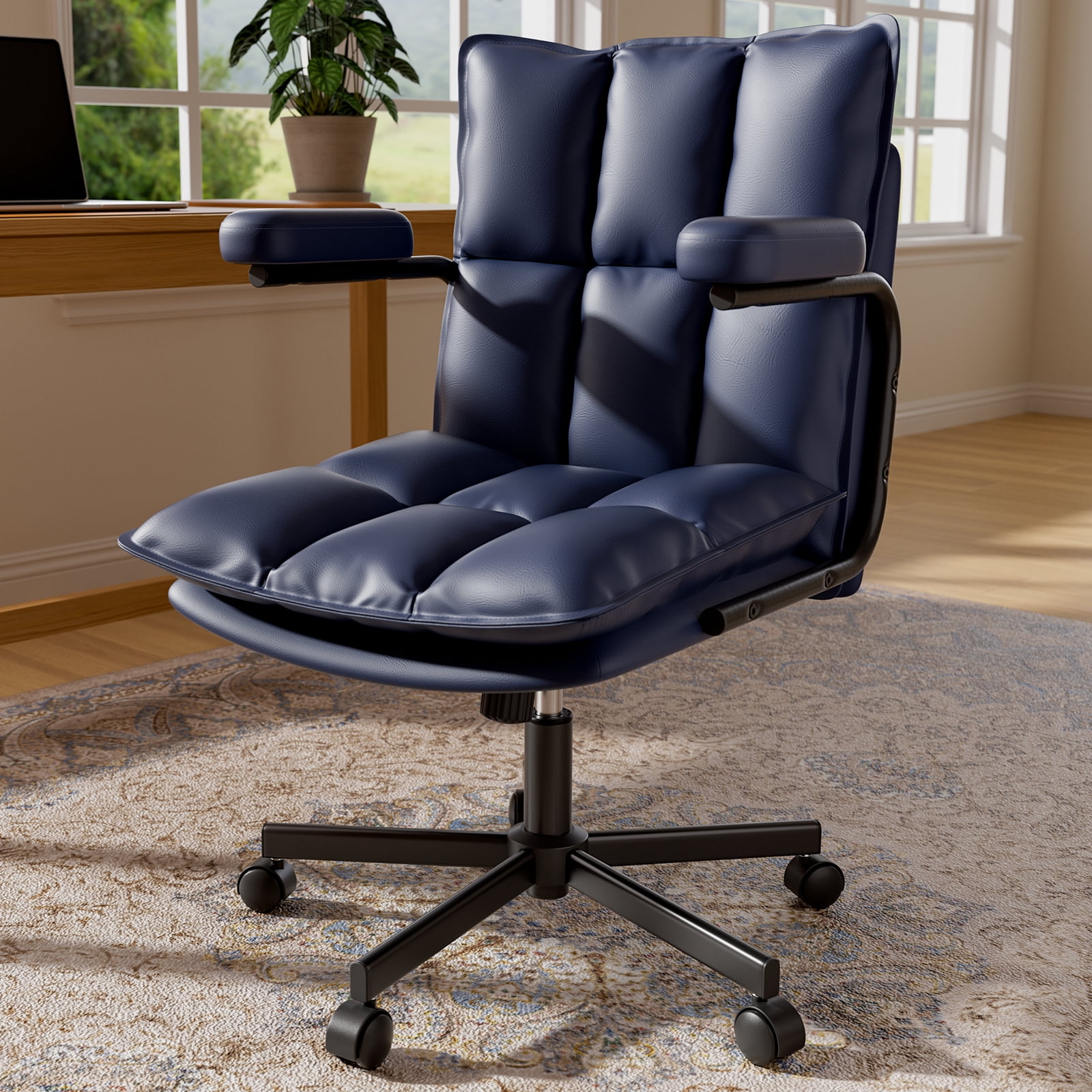 Ninecer Blue Desk Chair, Mid Century Modern Leather Office Chair with Arms, Wheels, Thickend Back and Seat, Adjustable Height, Vintage Computer Chair for Home, Office