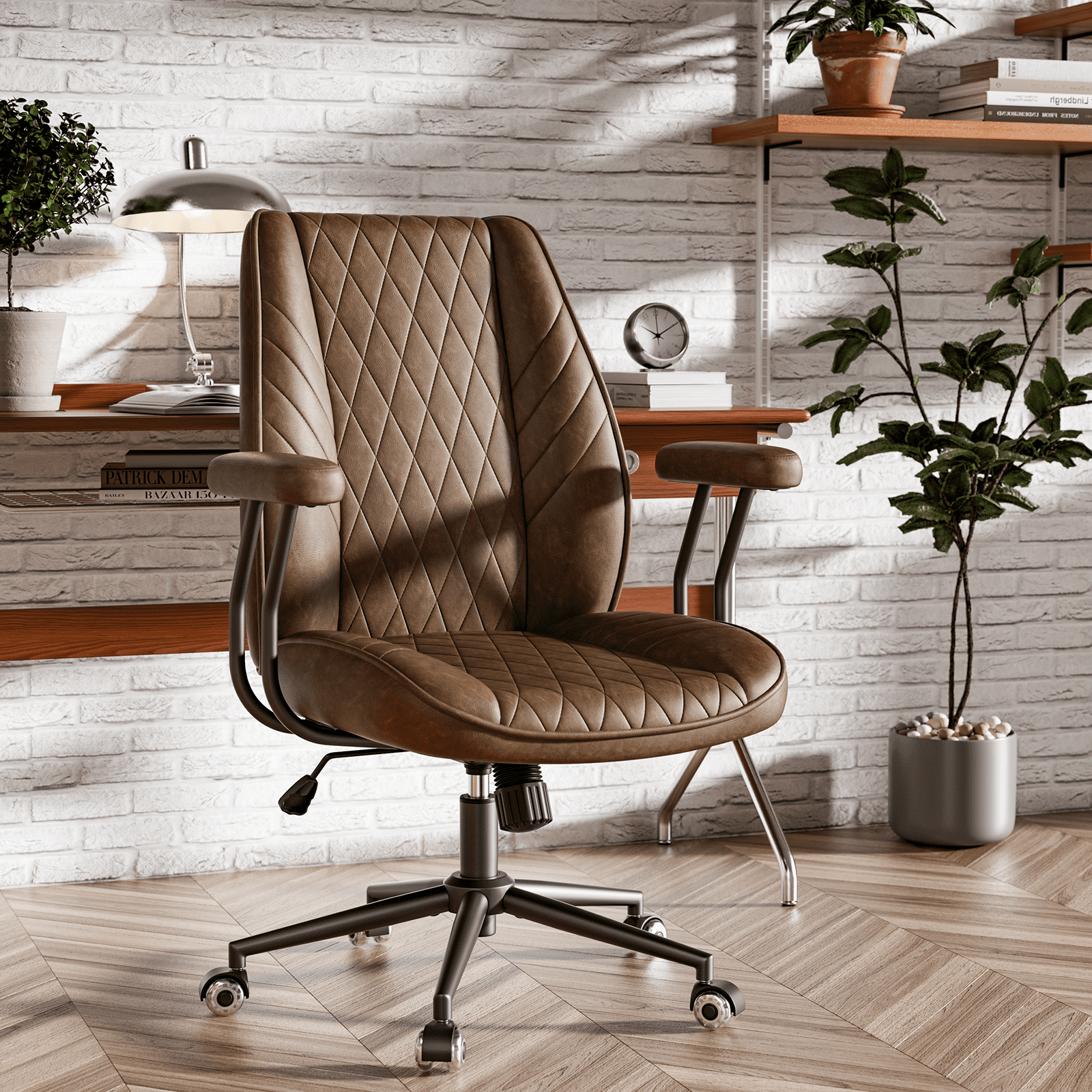 Ninecer Brown Leather Office Chair with Wheels Adjustable Height Padded Arms Mid Century Executive Desk Chair for Home Office