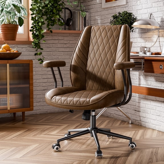 Ninecer Brown Leather Office Chair with Wheels Adjustable Height Padded Arms Mid Century Executive Desk Chair for Home Office