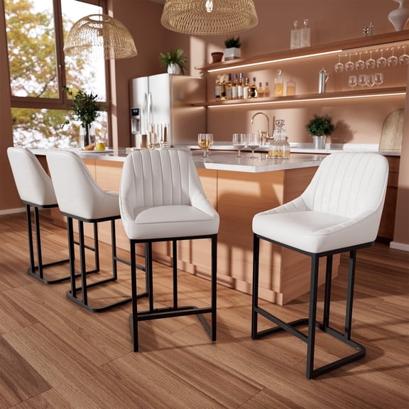 Ninecer Bar Stools Set of 4, 24inch White Upholstered PU Leather Bar Chairs with Back & Metal Legs, Modern Kitchen Island Counter Chairs for Dining Room 300lbs