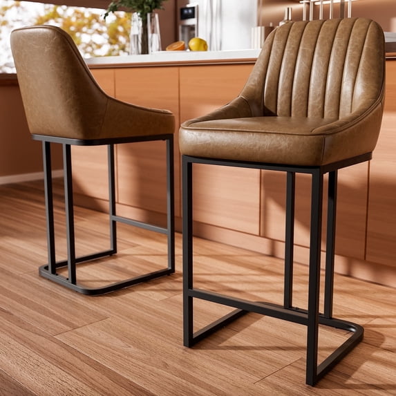 Ninecer Bar Stools Set of 2, 24inch Brown Upholstered PU Leather Bar Chairs with Back & Metal Legs, Modern Kitchen Island Counter Chairs for Dining Room 300lbs