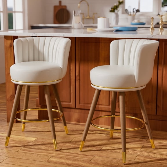 Ninecer Counter Height Bar Stools Set of 2, 26 Inch Swivel PU Leather Bar Chairs with Back and Footrest, Round Low Back Barstools for Kitchen Island Dining Room, White