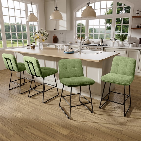 Ninecer Counter Height Bar Stools Set of 4, 26 Inch Upholstered Bar Stools with Low Back, Boucle Fabric Square Seat Bar Chairs with Metal Legs and Footrest, Bar Stools for Home Kitchen Bar, Green