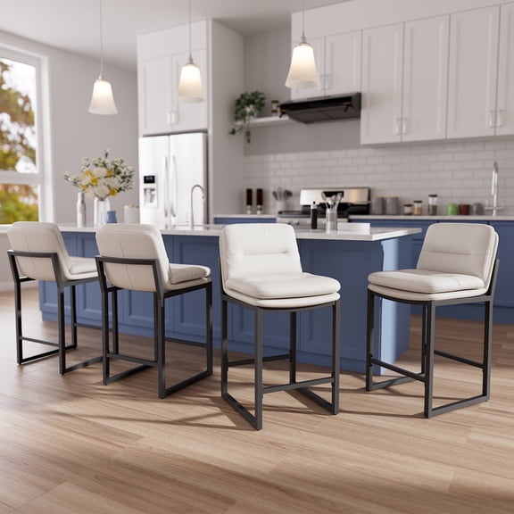 Ninecer Counter Height Bar Stools Set of 4, 26" Low Back Modern Bar Chair, PU Leather Upholstered Kitchen Island Stools, Square Seat Kitchen Chairs, Comfortable Counter Chairs for Dining Room, White