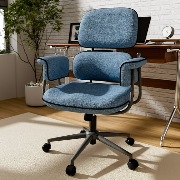 Ninecer Office Chair with Wheels and Wide Arms, Soft Linen Fabric Home Office Chair with Split Back, Molded Foam Cushion, Adjustable Height Swivel Computer Chair for Home Office & Study,Blue