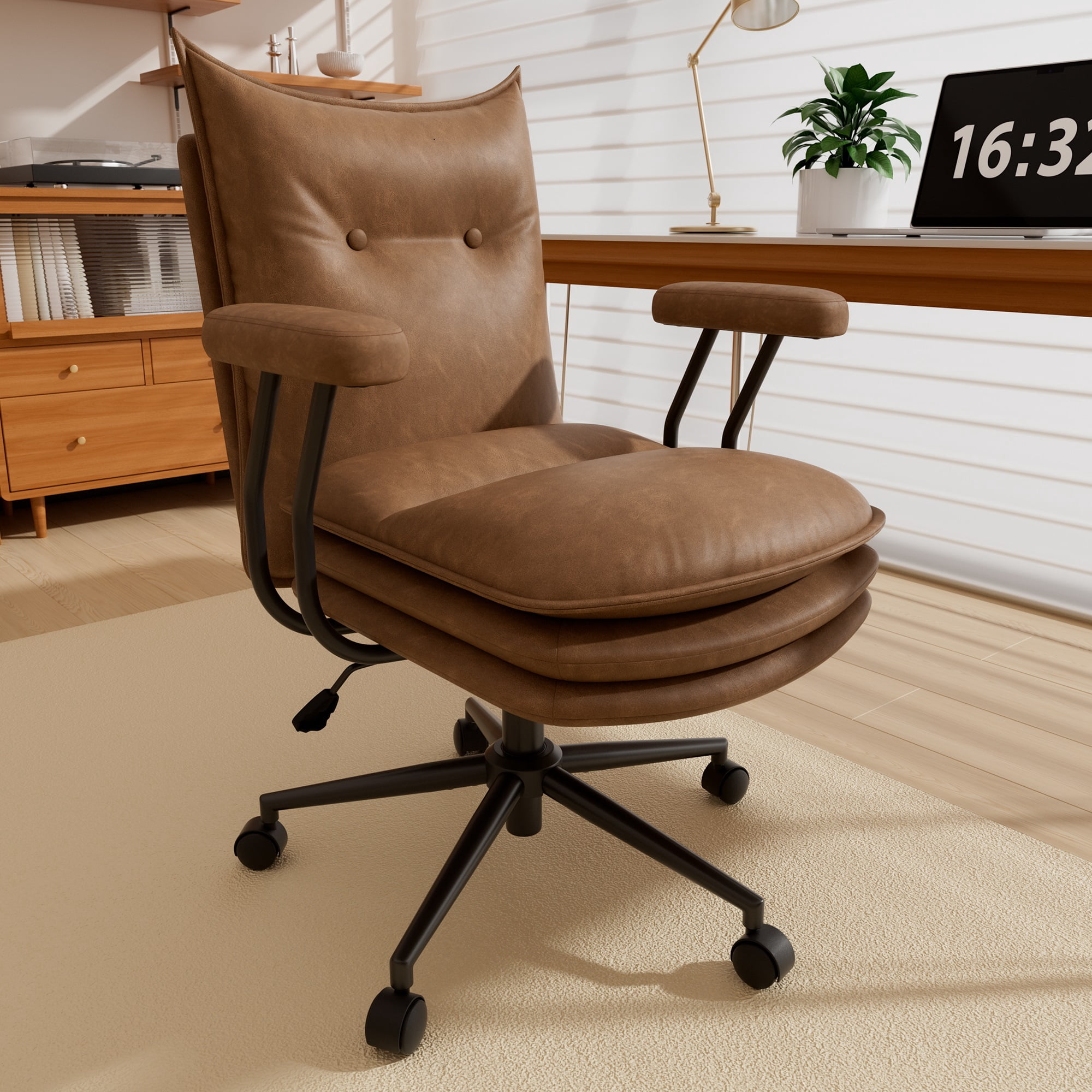 Ninecer Brown Leather Office Chair with Wheels, Triple-Layers Thicken Wide Seat Height Adjustable, Mid-Century Modern Comfy Desk Chair for Home, Office