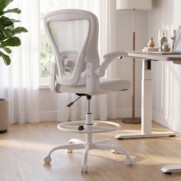 Ninecer Ergonomic Drafting Chair, Tall Office Chair with Flip-up Armrests, Adustable Lumbar Support and Adjustable Footrest Ring 330LBS Capacity for Standing Desk, White