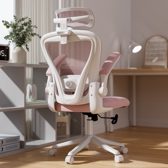 Ninecer Ergonomic Mesh Office Chair with Memory Foam Seat, Computer Desk Chair with Adjustable Lumbar Support & 3D Headrest, 90°Flip-up Arms, Pink