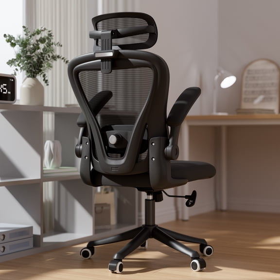 Ninecer Ergonomic Mesh Office Chair with Memory Foam Seat, Computer Desk Chair with Adjustable Lumbar Support & 3D Headrest, 90°Flip-up Arms, Black