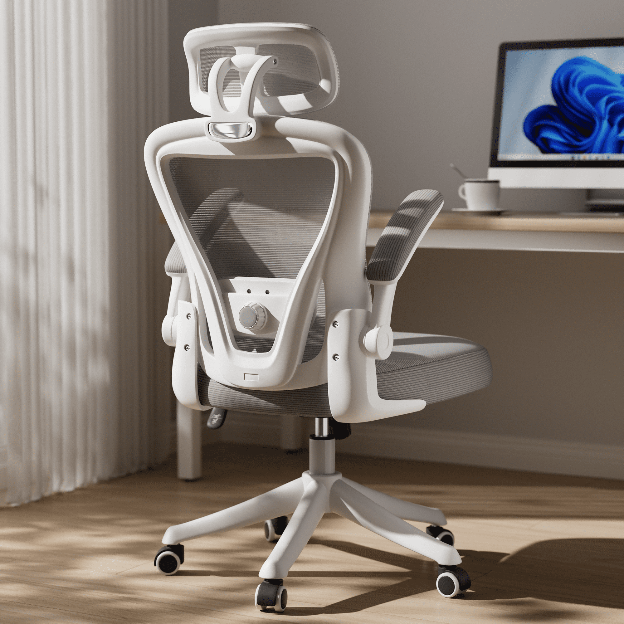 Ninecer Ergonomic Office Chair, Computer Desk Chair with Wheels, High Back Mesh Office Chair with Adjustable Lumbar Support, Headrest, Flip-Up Armrests, White Grey