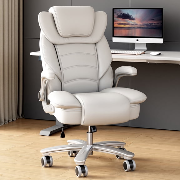 Ninecer Big and Tall Office Chair 400lb Wide Seat, Ergonomic High Back Leather Executive Desk Chair with Flip-up Arms, Computer Chair, White