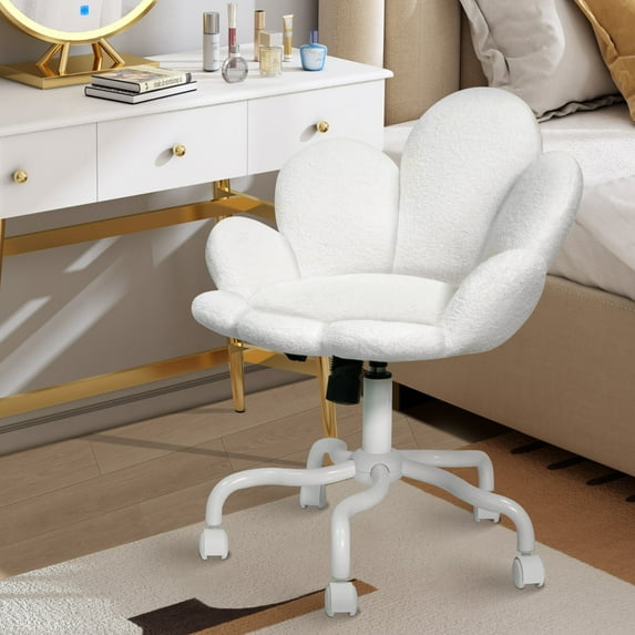 Ninecer Flower-Shaped Swivel Desk Chair with Plush Upholstery, Cute Petal Vanity Chair for Bedroom and Makeup Room, Modern Home Office Chair for Adults, White
