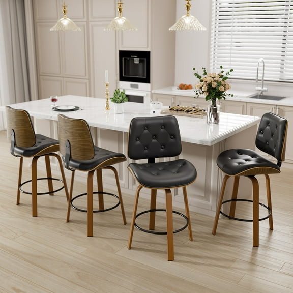 Ninecer Counter Height Bar Stools Set of 4, 26 Inch Swivel BarStools with Curved Bentwood Backrest, PU Leather Bar Chairs with Footrest, Mid Century Modern Bar Chair for Home Kitchen Island, Black