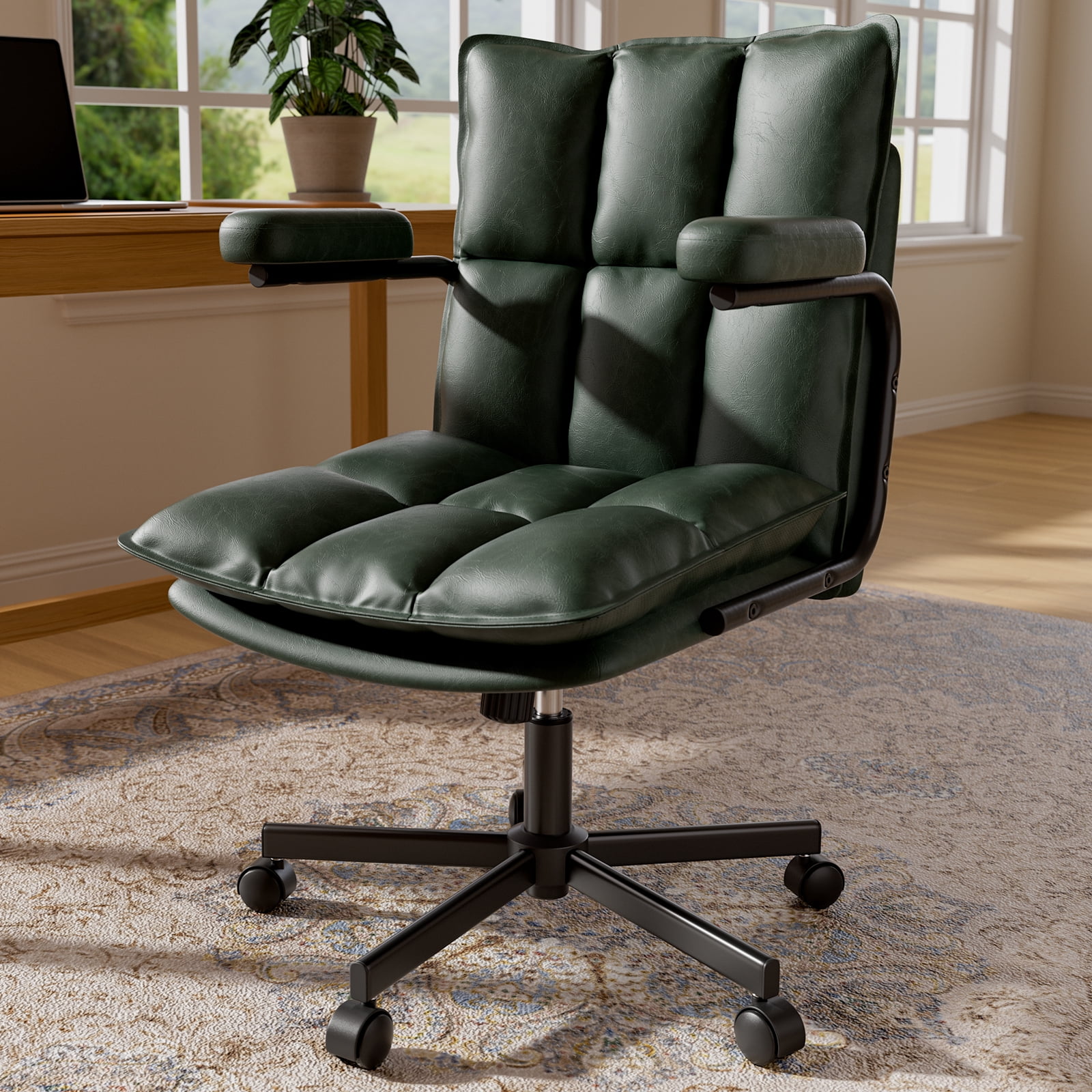 Ninecer Green Desk Chair, Mid Century Modern Office Chairs with Arms, Thickend Back and Seat, Adjustable Height, Wheels, Vintage Leather Computer Chair for Home, Office