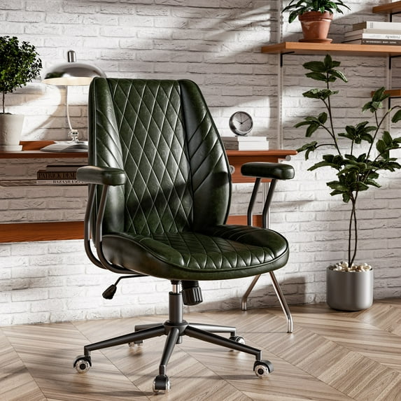 Ninecer Green Leather Office Chair with Wheels Adjustable Height Padded Arms Vintage Executive Desk Chair for Home Office