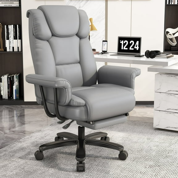 Ninecer Ergonomic High Back Executive Office Chair, Reclining PU Leather Chair with Lumbar Support, 400lbs, Gray