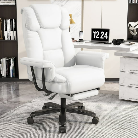 Ninecer High Back Executive Office Chair, Ergonomic PU Leather Office Chair, Heavy Duty Computer Desk Chair, Reclining Office Chair with Footrest 400lbs, White