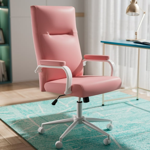 Ninecer Pink Desk Chair, High Back Leather Executive Office Chair for Girl and Women, Adjustable Height Computer Desk Chairs with Wheels and Arms