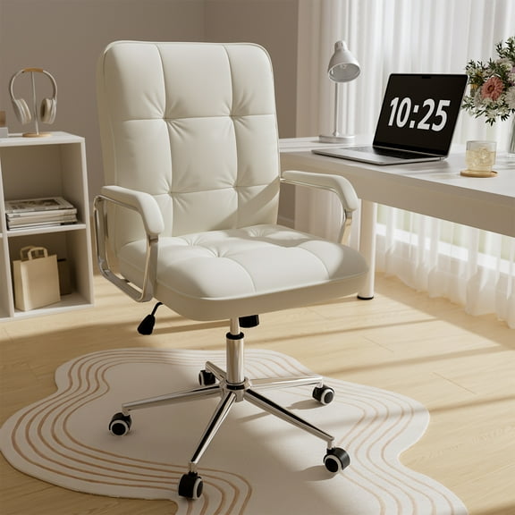 Ninecer Ergonomic Office Chair with Wheels, 360° Swivel Desk Chair with Rocking Function, PU Leather Computer Chair for Home Office, Study,, Beige
