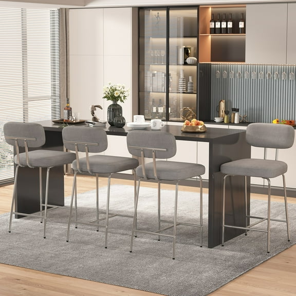 Ninecer Counter Height Bar Stools Set of 4, 26" Grey Bar Stools with Back and Metal Legs, Fabric Kitchen Counter Stools with Footrest and Wide Seat, Bar Chairs for Kitchen Island