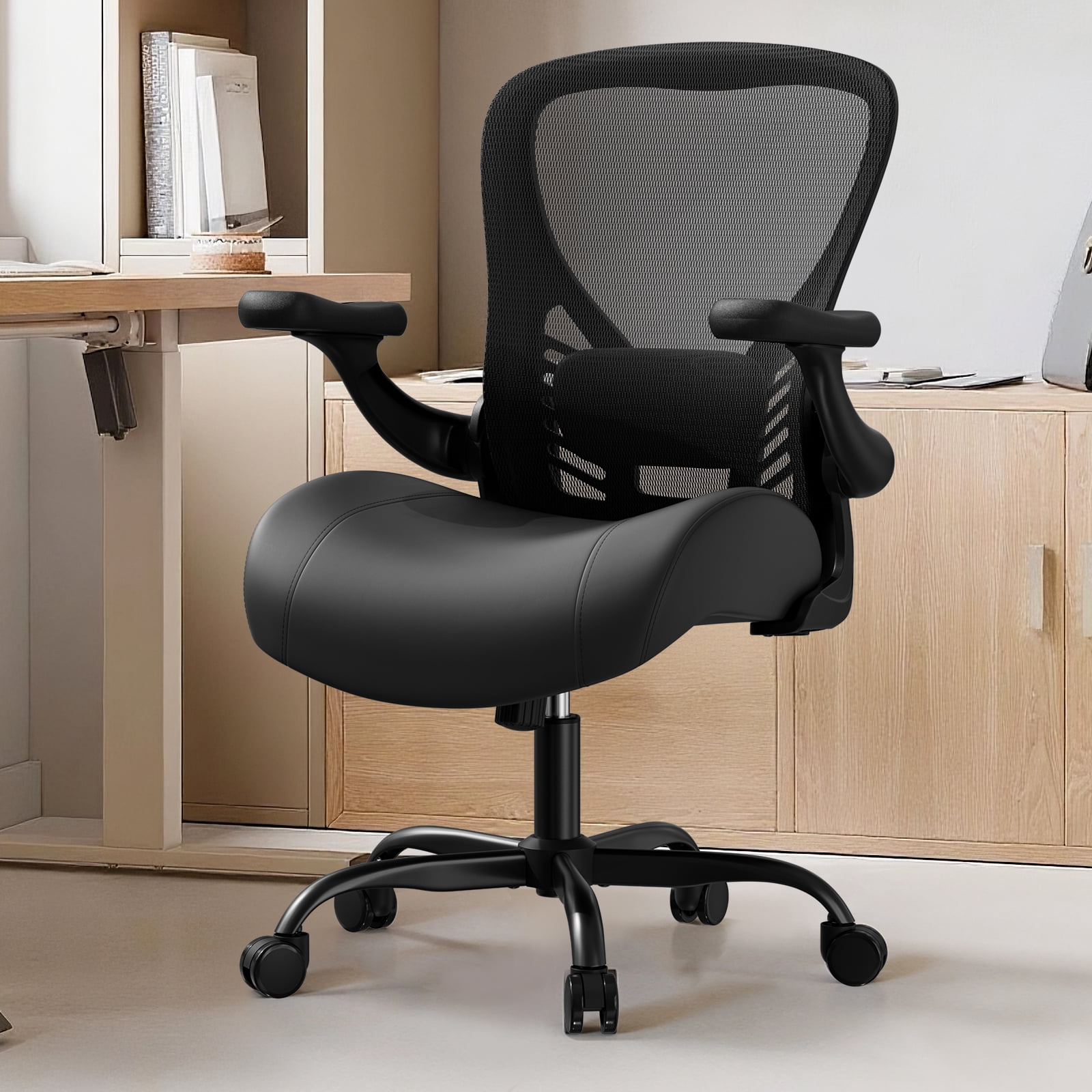 Ninecer Mesh Office Chair, PU Leather Cushion with Lumbar Support & 3D Armrests, Ergonomic Computer Desk Chair for Home Office, Adjustable Height Swivel Task Chair, 350lbs, Black
