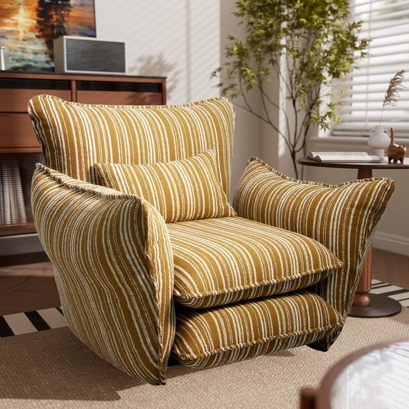 Ninecer Modern Accent Chair for Living Room, Single Sofa Chair Double Cushions, Comfy Upholstered Lounge Chair with Striped Fabric & Lumbar Pillow, 350 lbs Capacity, Yellow Stripe