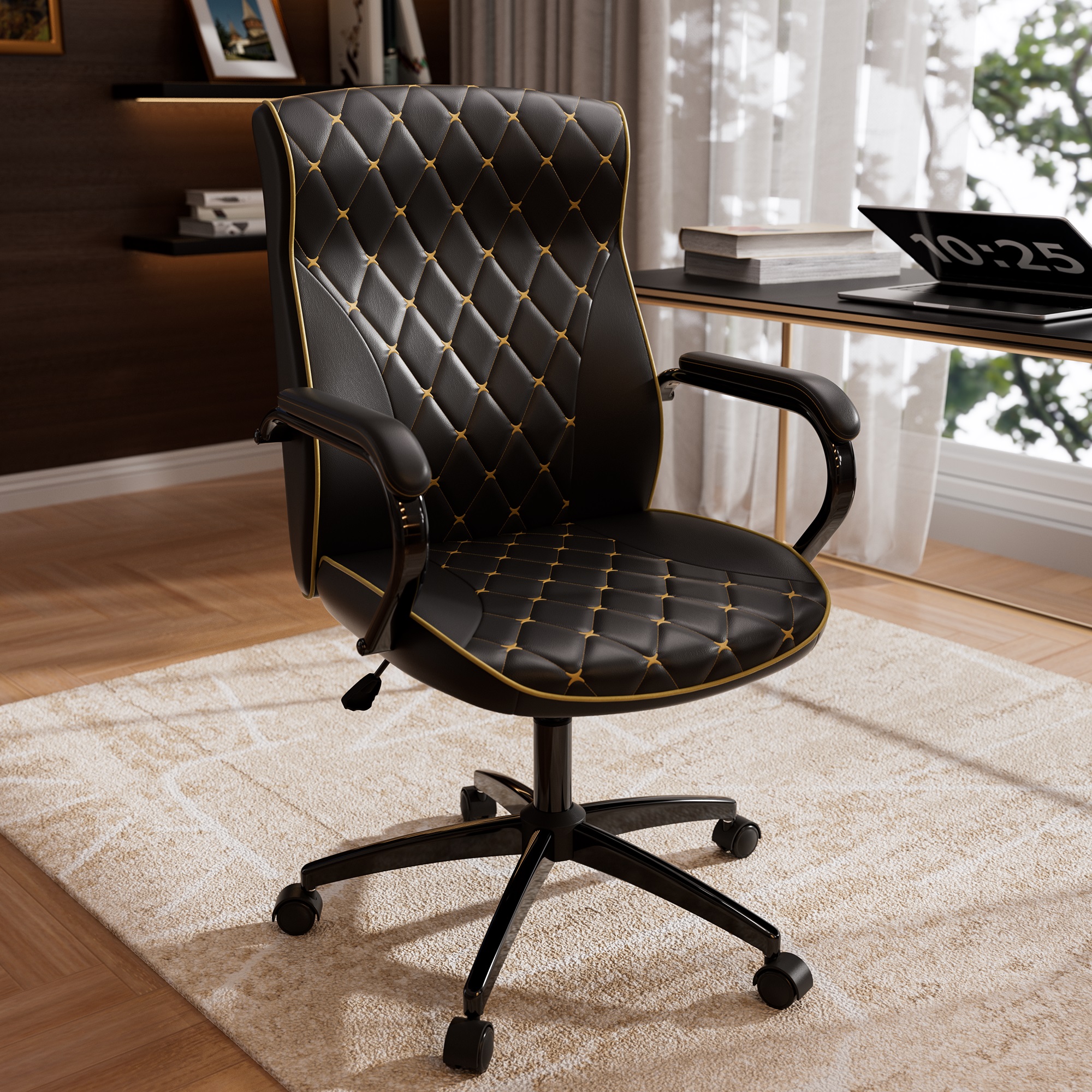 Ninecer Black Office Chair with Soft Leather Embroidery, Mid Back Vintage Swivel Executive Desk Chair with Wheels and Padded Arms, Adjustable Height