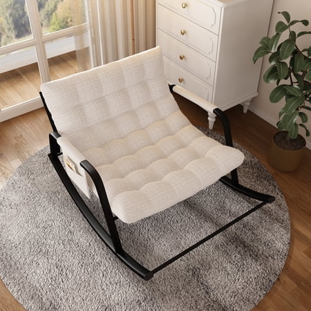 Ninecer Patio Rocking Chair 400 lbs, Comfy Rocker Chair for Living Room, Porch, Backyard, Steel patio Lounge Rocker Recliner Chair with Storage Bag for Adults, Beige