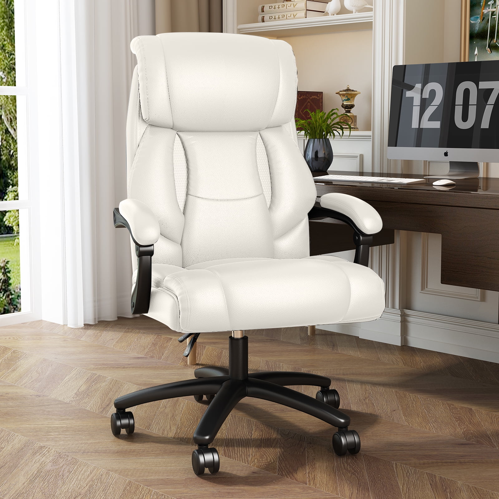 Ninecer Reclining Big and Tall Office Chair, 155° Adjustable High Back PU Leather Executive Computer Desk Chair with Armrests, Ergonomic Swivel Chair with Height Adjustment, 400 lbs Capacity, White